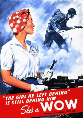 Póster de mujer trabajadora de artillería posa con una llave inglesa que su hombre se muestra en la lucha uniforme en las líneas del frente por el