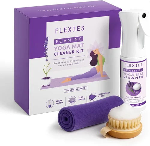 Miniatura 9 de Flexies Kit de limpieza de esterilla de yoga – Spray de esterilla de yoga a base de espuma con cepillo suave y paño de microfibra Esenciales