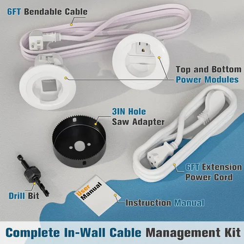 Miniatura 4 de Kit de gestión de cables en la pared, organizador de cables de baja y alta tensión con sierra de agujero para fácil montaje de TV en la pared