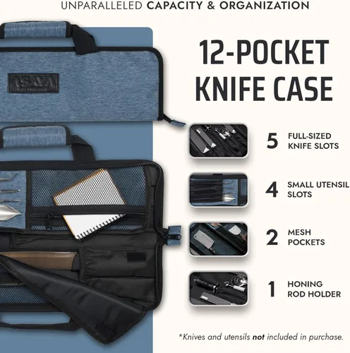 Miniatura 2 de Asaya - Bolsa enrollable para cuchillos de chef - 12 bolsillos para cuchillos y utensilios de cocina - Nylon ligero, duradero y resistente a manchas