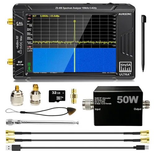 AURSINC TinySA Ultra+ ZS406 Analizador de espectro con atenuador de 50W, analizador de frecuencia portátil actualizado de 100kHz-5.4GHz V0.4.6 con