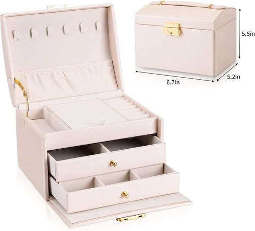 Miniatura 5 de DEZZIE Joyero para mujer piel sintética para personas mayores caja de almacenamiento de joyas de tamaño mediano de 3 capas con cerradura Estuche