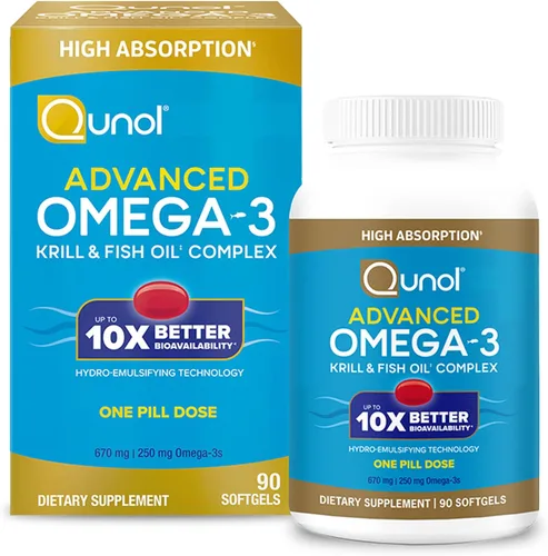 Qunol Complejo avanzado de krill y aceite de pescado Omega 3, 10 veces mejor biodisponibilidad, dosis de una píldora, 250 mg de EPA y DHA, apoya la