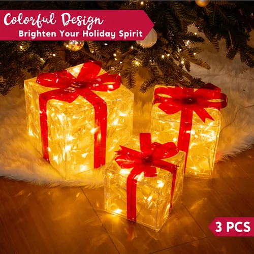 Miniatura 6 de JOIEDOMI Cajas de regalo iluminadas de Navidad, juego de 3 cajas de regalo transparentes con iluminación de Navidad, cajas de Navidad con luz LED