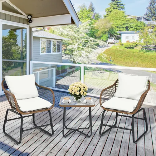 Miniatura 3 de COSTWAY 3PCS Patio Rattan Bistro Set Silla acolchada Mesa de vidrio Cubierta Blanco 3-Como se muestra en la imagen.