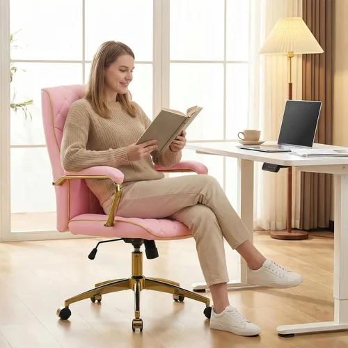 Miniatura 7 de Furniliving Silla de oficina rosa y dorada, sillas de oficina de cuero, silla de tocador ajustable con patas doradas y reposabrazos acolchado
