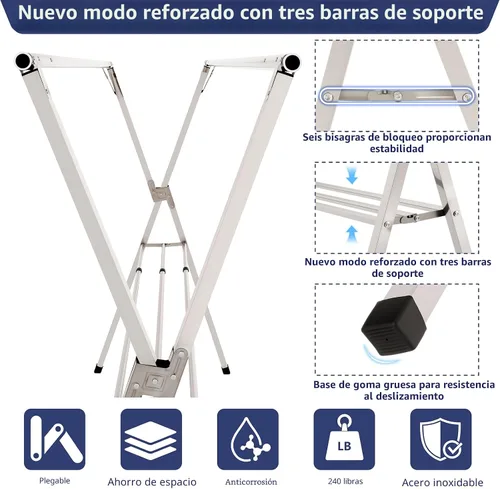 Miniatura 5 de Estante de secado de ropa plegable de 95 pulgadas, estante de secado de ropa de acero inoxidable resistente para interiores y exteriores, perchero