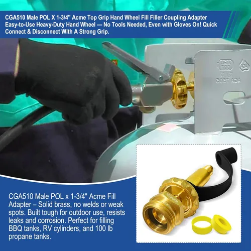 Miniatura 2 de CGA510 Macho POL X 1-3/4" Empuñadura Superior Acme Mano Rueda de Llenado Adaptador de Acoplamiento de Relleno, Adaptador de Tanque de Propano
