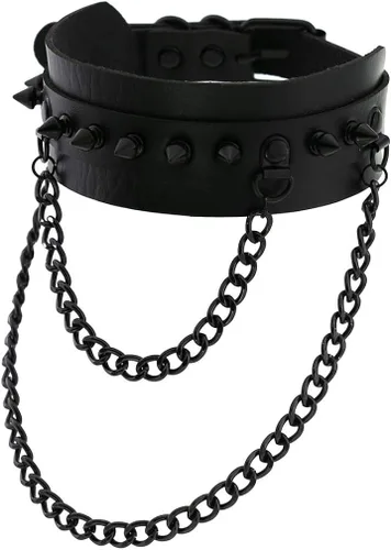 Miniatura 3 de FM FM42 Unisex Multicolor Simulated Leather PU Black-Tone Rivets Spike Spiked 2 Layer Chains Choker Collar Necklace