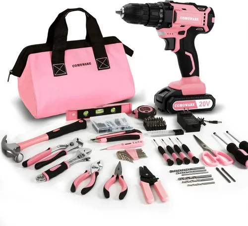 Miniatura 8 de COMOWARE - Juego de herramientas para el hogar rosa con taladro inalámbrico de 20V, juego de 120 piezas de herramientas manuales para mujeres, juego