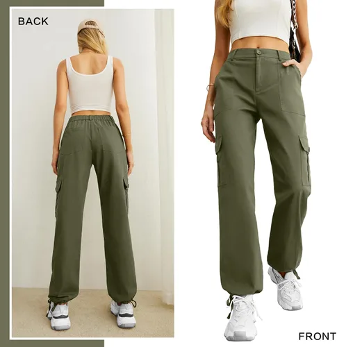 Miniatura 5 de Lepunuo Pantalones cargo de cintura alta para mujer, pantalones de viaje Y2K Streetwear holgados elásticos con 6 bolsillos con cordón en los tobillos