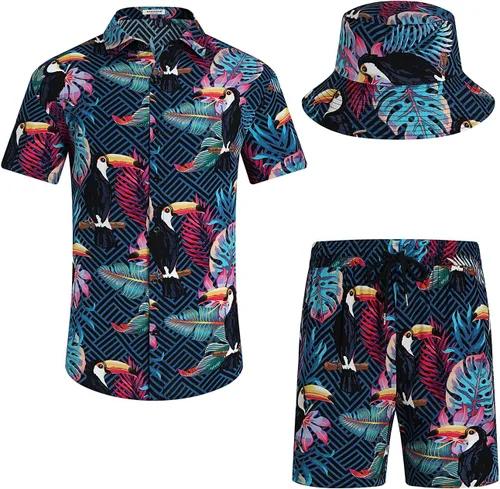 EISHOPEER Conjunto hawaiano de flores para hombre, camisa de manga corta y pantalones cortos, trajes con sombreros de pescador