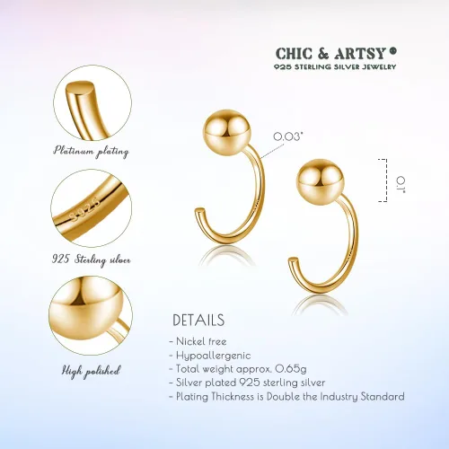 Miniatura 5 de CHIC & ARTSY Aretes de aro de plata de ley 925, pequeños aretes de aro de bola, barra, estrella, luna, corazón, cruz, punto, triángulo, medio aro