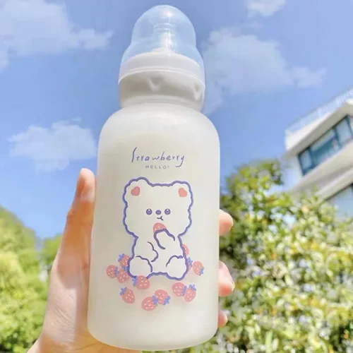 JHTPSLR Botella de agua de vidrio con pezón con pezón de 11 onzas, botella de agua Kawaii para adultos, escuela, deportes, oficina, bonita botella