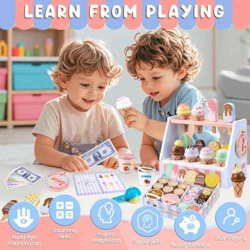 Miniatura 2 de Ehome Juego de juguetes de helado de madera, tienda de alimentos para niños, para servir helados, mostrador, tienda, juego de cocina con rueda