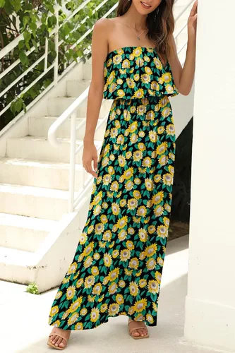 Miniatura 4 de ZMPSIISA - Vestido largo de verano con hombros descubiertos para mujer vestido largo sin tirantes, con volantes, color azul y blanco estilo bohemio