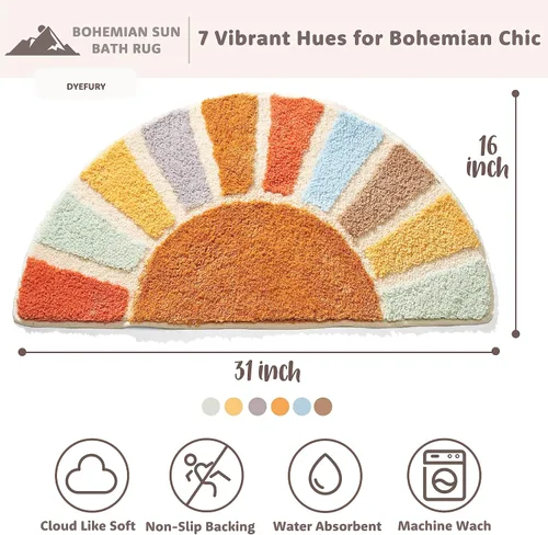 Miniatura 2 de Sunrise - Alfombras de baño bohemias, tapete de baño de medio círculo, lindo tapete de baño de sol, decoración de baño retro bohemio para el hogar