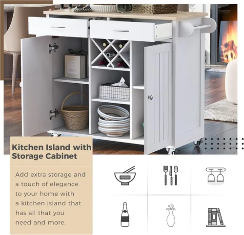Miniatura 4 de Carrito de isla de cocina, moderno carrito móvil de isla de cocina con 2 armarios de almacenamiento y 4 ruedas de bloqueo, estante de vino, 2