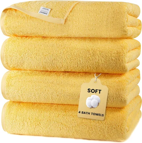 Miniatura 19 de SEMAXE Toalla de baño amarilla, toalla de baño 100% algodón con lazo para colgar, 55 x 27 pulgadas, suave, absorbente y de secado rápido, para baño