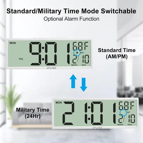 Miniatura 3 de Reloj de pared digital grande de 14.5 pulgadas, funciona con pilas con números gigantes, DST automático, día, fecha, alarma, temperatura para sala