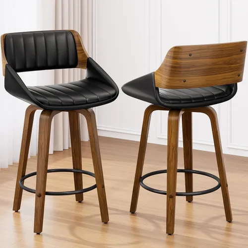 Miniatura 18 de Juego de taburetes de bar de 1, taburetes de bar giratorios de 26" de altura de mostrador con respaldo y patas de madera curvada de nogal, sillas