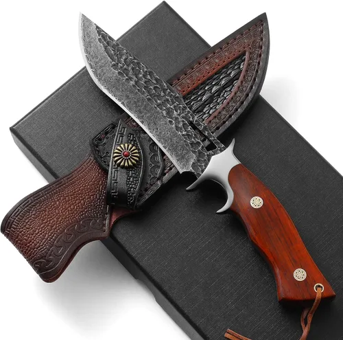 Miniatura 6 de DRACHENADER Cuchillo de caza de Damasco VG10 hecho a mano con 67 capas de acero de Damasco con funda de cuero real, hoja fija para hombres, mango