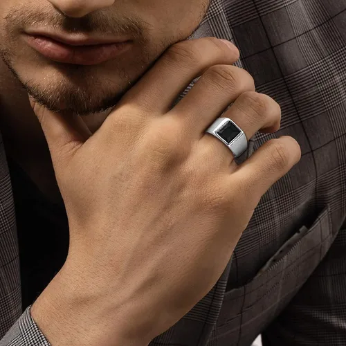 Miniatura 2 de U7 Anillo de joyería de moda de ónix negroazul para hombres y mujeres, anillos de sello cuadrado de acero inoxidable para papá y padre, anillos