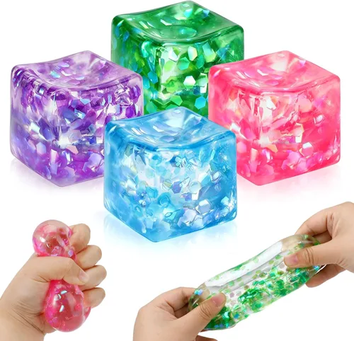 4 Pack Glitter Ice Cube Squishy, Slow Rising Stress Relief Toys, Square Stree Balls Fidget Toys for Adults Boys Girls, Squeeze Ball Sensory Toys for