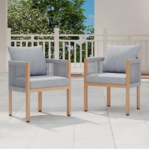 Miniatura 14 de Juego de 2 sillas de comedor al aire libre, juego de muebles de patio de mimbre con reposabrazos, respaldo acolchado, sillas de comedor de barril