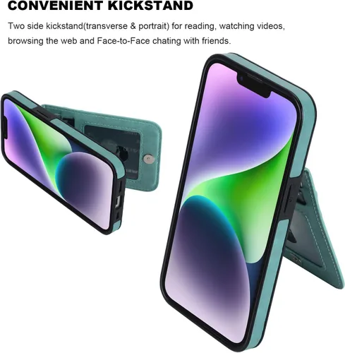 Miniatura 5 de KIHUWEY Compatible con iPhone 14 Funda Cartera con Soporte para Tarjeta de Crédito, Tapa de Cuero Premium con Cierre Magnético Atril Funda Verde