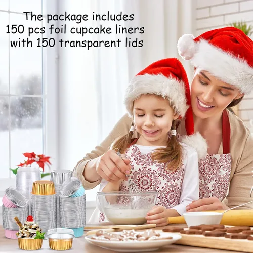 Miniatura 7 de Thenshop 150 tazas de papel de aluminio para hornear con tapas, moldes desechables de 5 onzas, mini moldes para pasteles, moldes para magdalenas