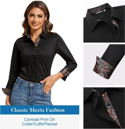 Miniatura 3 de WARHORSEE Blusas de vestir de manga larga con botones de algodón para mujer, blusas de trabajo elegantes de fácil cuidado, blusas casuales