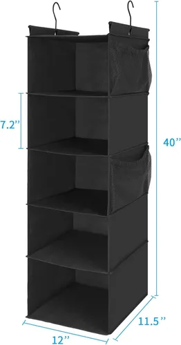 Miniatura 3 de MAX Houser Organizador de armario colgante de 5 estantes, ahorro de espacio, estantes colgantes de tela con 4 bolsillos laterales, plegable, negro