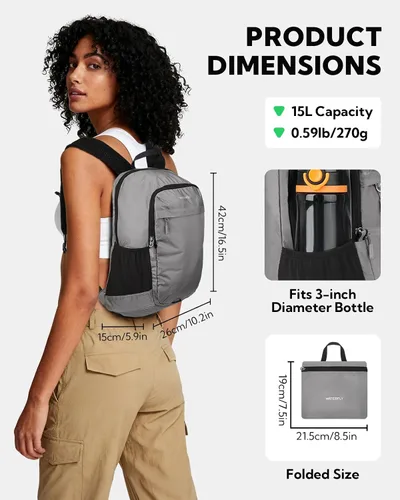 Miniatura 3 de WATERFLY Mochila pequeña y ligera y plegable: 15L Mini mochila de senderismo plegable - Mochila de día compacta ultraligera para mujeres y hombres