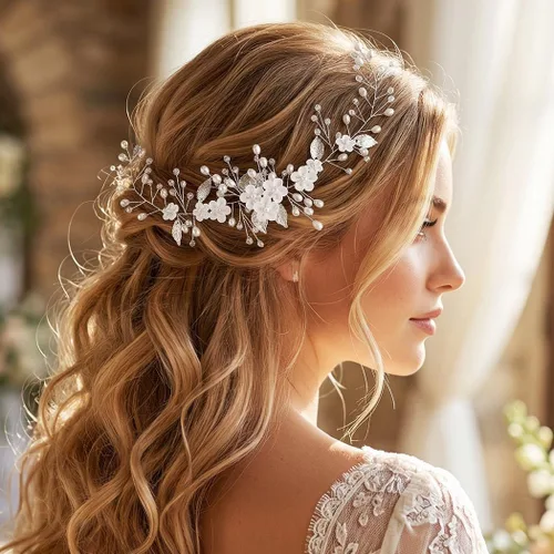 Miniatura 3 de Unicra Tocado de novia con perlas de vid y flores, piezas de pelo de boda, accesorios de cabello de graduación plateadas para novias y mujeres