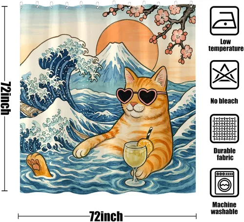 Miniatura 5 de Juego de cortinas de ducha relajadas con diseño de ondas de arte japonés impermeable, cortina de ducha para baño, divertida escena de vacaciones