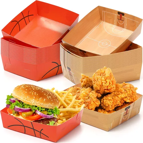 Teling Paquete de 36 suministros de baloncesto para fiestas, platos grandes de baloncesto de 5 libras, bandejas de papel, botes de comida