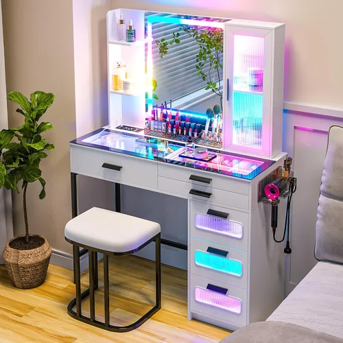 Miniatura 12 de HNEBC - Mesa de tocador RGB con espejo y luces, mesa de maquillaje con espejo LED y estación de carga USB/inalámbrica, juegos de mesa de tocador