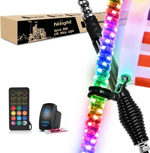 Nilight 2 luces LED RGB en espiral de 3 pies con base de resorte, luz de persecución RF, control remoto, látigos de antena iluminados para Can-Am