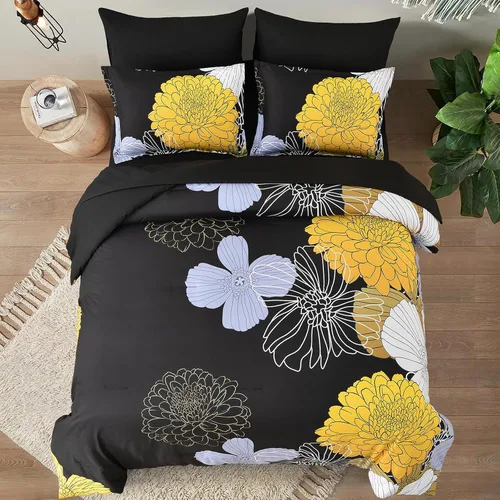 Miniatura 8 de Juego de sábanas Yiran en una bolsa tamaño Queen amarillo y negro, juego de edredón de 7 piezas de microfibra suave floral boho con 1 edredón, 1