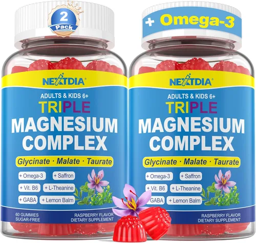 Gomitas de complejo triple de magnesio de 500 mg/250 mg + Omega-3, azafrán para niños de 6 años y adultos, gomitas de magnesio calmadas con teanina,