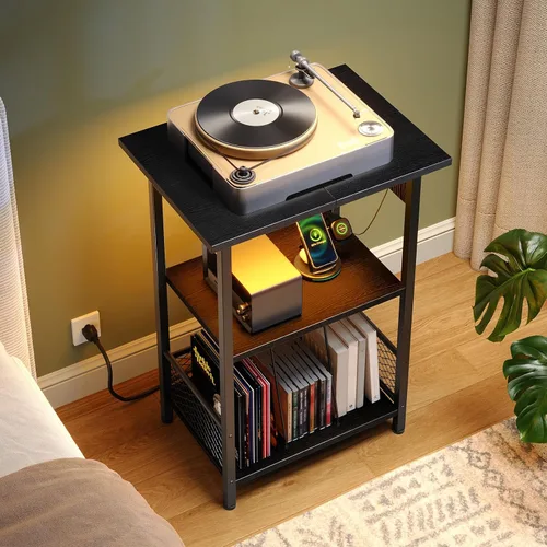 Miniatura 3 de HOOBRO Soporte para tocadiscos con estación de carga y LED, soporte para tocadiscos con almacenamiento, mesa auxiliar de 3 niveles con capacidad