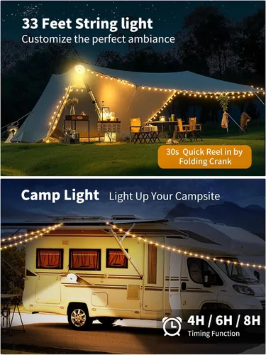 Miniatura 3 de Cadena de luces retráctiles mejoradas para acampar al aire libre, cadena de luces de campamento de 33 pies con broche, cadena de luz recargable, 9