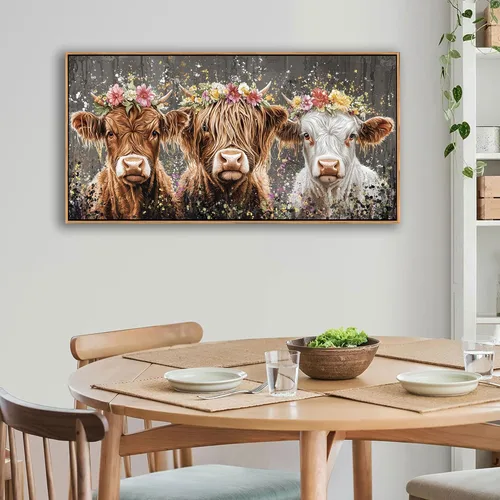 Miniatura 2 de AJAZIKO Arte de Pared de Vaca de las Tierras Altas - Decoración de Pared de Granja y Campo Rústico, Cuadros Grandes en Lienzo para Sala de Estar