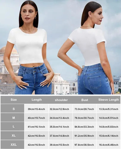 Miniatura 6 de Paquete de 4 camisetas cortas básicas ajustadas de manga corta para mujer, lindas camisetas cortas de moda con cuello redondo para mujeres