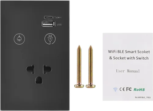 Interruptor de luz táctil de pared WiFi de 2.4 GHz con toma de corriente USB tipo C, requiere cable neutro, control de 1 vía, panel de vidrio