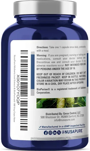 Miniatura 3 de NusaPure Extracto de hoja de morera blanca 5,000 mg 180 cápsulas vegetales (vegetariano, bioperina)