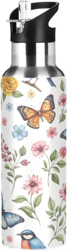 Stainless Steel Vacuum Insulated Water Bottle 32 Oz, Leakproof Water Bottles for Gym Outdoor Travel School, Colorful Watercolor Flowers