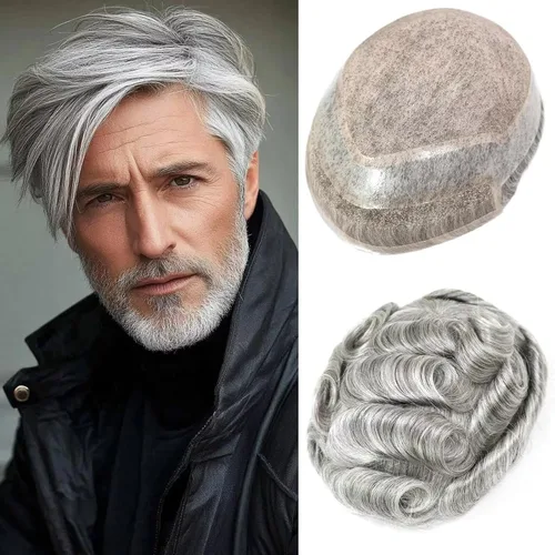 Miniatura 14 de HAPPY&CC Toupee - Piezas de cabello humano con encaje frontal suizo para hombre, parte superior fina mono con poliuretano alrededor de sistema de #1B