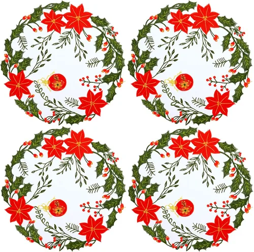 Miniatura 2 de Juego de 4 posavasos bordados para mesa redonda de Pascua de Navidad (Poinsettia B)